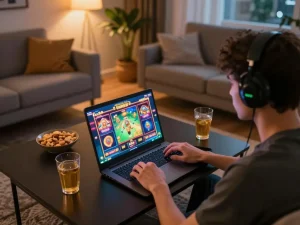 Player enjoys immersive slots gaming on 258bet with laptop at home, highlighting fun and strategy