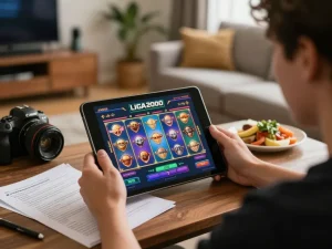 LIGA2000 slots gaming experience from home, showcasing vibrant tablet display and engaging atmosphere