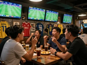 Excited bettors enjoying a Judi Bola experience in a lively bar during a football match.