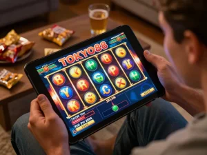 Pemain menikmati permainan slot TOKYO88 secara online, dengan roda berwarna-warni berputar dan suasana yang nyaman.