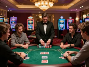 Engaged players at nhà cái 8xbet poker table enjoying high-stakes game in luxurious casino atmosphere.