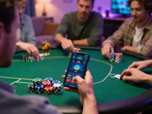 Engaging home game scene with user accessing app lc88 showcasing an interactive poker interface amidst friends