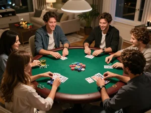 Sin88 poker night scene with friends strategizing and enjoying friendly competition at home