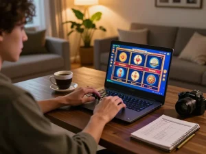 Engaging with wild sultan casino online, a player studies strategies while gaming at home.