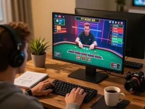 Player immersed in live dealer blackjack at home, showcasing gaming strategy with lv88seo.
