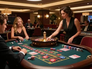 Players engage in a thrilling roulette game at fabet, with croupier spinning the wheel and vibrant decor.