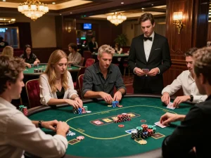 Players enjoying an engaging poker game at 388bet's luxurious casino, showcasing strategic decision-making and vibrant atmosphere.