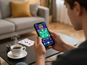 Engaged player accessing the GO8 app for strategic mobile betting in a cozy home setting