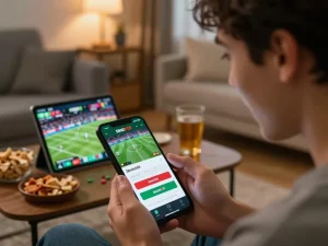 Excited player checking sbobet88 login on mobile device for live sports betting, showcasing a cozy home atmosphere.