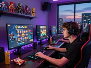 Engaged player at Zeus138 gaming station, focused on slot games with vibrant RGB lighting