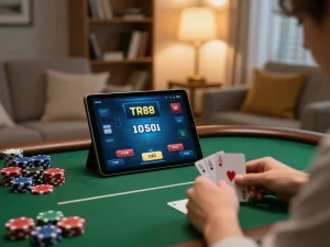 Player engaged in a TR88 online poker game at home, showcasing cards and chips in a cozy setting.