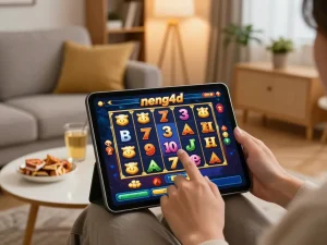 Engaging in the neng4d slot game on a tablet, showcasing a cozy gaming setup.