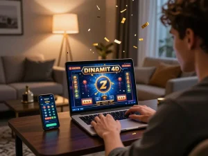 Player celebrating a win on dinamit4d during an engaging online gaming session in a cozy setting.