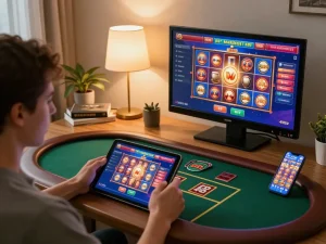 TG88 player engaging with casino games on tablet and smartphone in cozy home setting