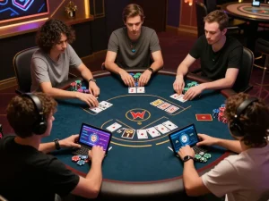 Players enjoying online poker using WIN4U app with vibrant virtual gaming interface