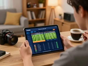 Engaging sports betting session with 7meter Link Alternatif displayed on tablet, person strategizing in cozy home.