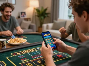 Pemain yang terlibat menggunakan aplikasi kasino AIR123 di smartphone dalam suasana rumah yang nyaman, pengalaman perjudian online yang dinamis