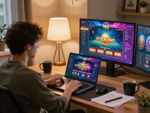 Engaged player using bk8 platform for online gaming at a modern home setup.