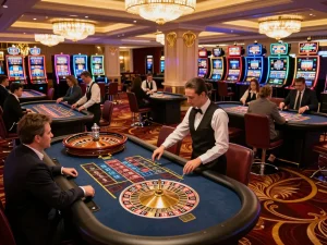 Engaged players at red88 casino watching a roulette wheel spin, vibrant gaming atmosphere.