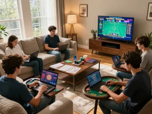 Players experiencing Live Casino action from home with laptops and smartphones