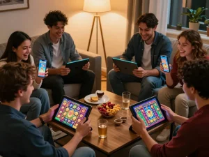 Players enjoying tren bonus permainan online tahun 2026 during a cozy home gathering, engaging with vibrant online slot games on their devices.
