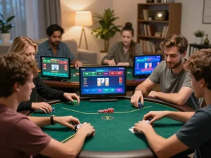 Engage in strategic poker gameplay with nk88 win on your device, in a cozy home setting.