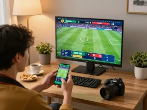 Engaged bettor using smartphone for kèo nhà cái while enjoying a live sports match at home.