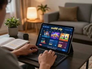 Engaging with uu88 vip casino app on a tablet, showcasing online gaming strategies and a cozy atmosphere.