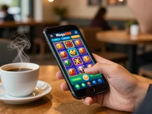 Tutorial Mega888 engaging slot gameplay on smartphone in a cozy cafe, showcasing a dynamic casino moment.