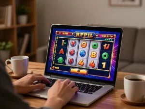 Engaging in online slots at RUANGWD, showcasing colorful reels and a comfortable home office setting.