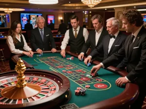 Pemain terlibat di meja roulette dalam suasana kasino yang meriah, menunjukkan strategi Ulat123 yang sedang dijalankan.