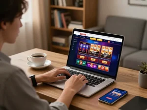 KDTOTO player engaged in online gambling from home office setup, showcasing gaming interface and strategy notes.
