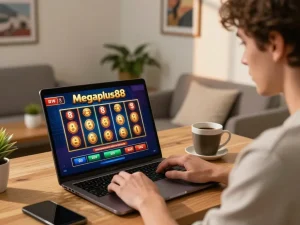 Engaged player strategizing at Megaplus88 online casino slot games from home.