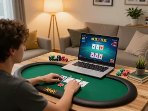 Engaging in a high-stakes MM 99 poker game on a laptop in a cozy home office.