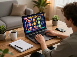 Engaging in gaming action at Canada online casinos with a colorful slot interface on a laptop.