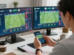 Engaging in live sports betting and analysis on dinamit4d, enhancing strategy with dual screens and smartphone.