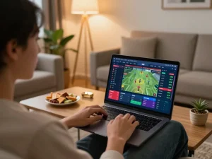 Betting on sports at home with nk88 interface displayed on laptop, creating an engaging atmosphere.