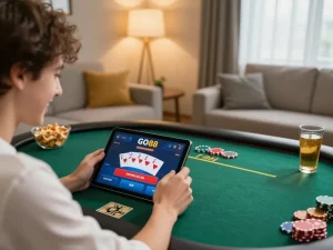 Engaging gameplay on the GO88 app with a smiling user enjoying poker in a cozy room.