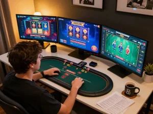 Engaged player strategizing wins at MMOO online casino gaming on multiple screens