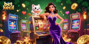 Engage in bet kecil at the vibrant slot with a glamorous woman, fortune cat, and dynamic coins.