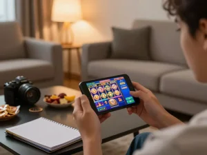 Check this out as a player engages in mobile casino gaming while tracking strategy at home.