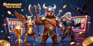 Engage with the Retronaut Tech Archive as Viking warriors dominate thrilling slot battles amidst dynamic action.