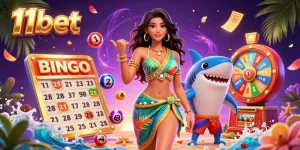 Experience thrilling gaming action with 11bet, featuring lottery balls, prizes, and vibrant casino elements.