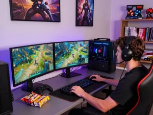 Dynamic gaming setup showcasing sunwin9 cocom's immersive online gaming experience with vibrant graphics and ambient lighting.