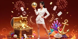 Engage in thrilling togel experiences with an Asian woman elegantly showcasing a golden lottery ball.