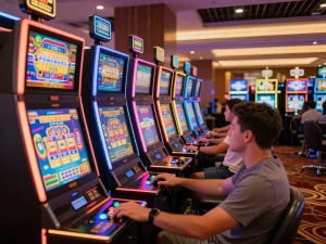 Players enjoying slot online games on vibrant machines in a lively casino atmosphere.
