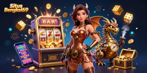 Situs Bengkel69 showcases an exciting 3D scene with a woman and dragon amidst slot machine jackpots and casino games.