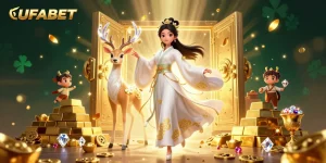 Bet on UFABET with an ethereal scene showcasing floating characters amidst treasures and gaming symbols.