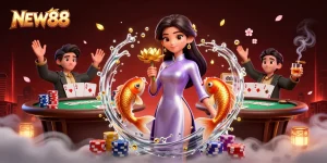 Engage in games at NEW88, featuring a luxurious Asian theme with poker elements and vibrant colors.