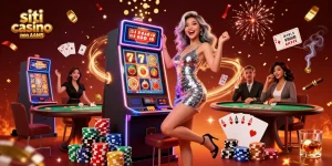 Festeggia nei siti casino non AAMS con una donna asiatica vincitrice di jackpot circondata da vivaci elementi del casinò.
